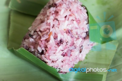 Cooked Sticky Rice-berry On Banana Leaf Stock Photo