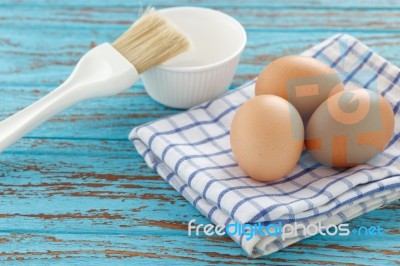 Cooking Eggs Blush Napery Cup  Kitchen Wood Teak Vintage Still Life Stock Photo