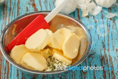 Cooking Herb Butter Rosemary Thyme On Rustic Wooden Background Closeup Stock Photo