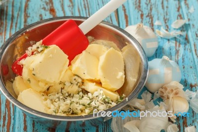 Cooking Herb Butter Rosemary Thyme On Rustic Wooden Background Closeup Stock Photo