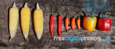 Corn Chilly Paprika Wood Table Stock Photo