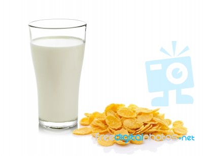 Cornflakes And Milk On White Background Stock Photo