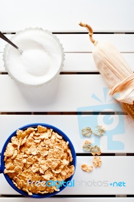 Cornflakes In A Blue Bowl Stock Photo