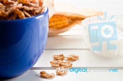 Cornflakes In A Blue Bowl Stock Photo