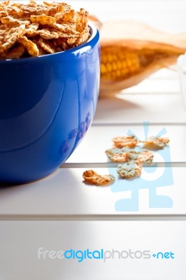 Cornflakes In A Blue Bowl Stock Photo