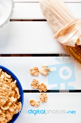 Cornflakes In A Blue Bowl Stock Photo