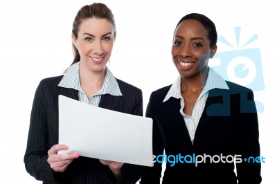 Corporate Ladies Reviewing Reports Stock Photo