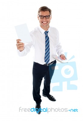 Corporate Male Showing Blank Card Stock Photo