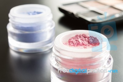 Cosmetics Pink And Blue Eyeshadow With Palette Stock Photo