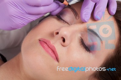 Cosmetologists' Preparations For Permanent Eyebrow Make Up Stock Photo