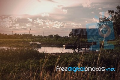 Cottage At Pond With The Natural Stock Photo