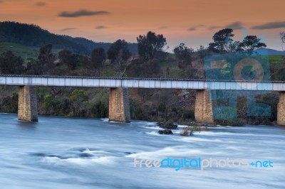 Country Bridge And River In Tasmania Stock Photo