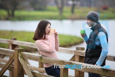 Couple Are Having A Hot Morning Coffee Stock Photo