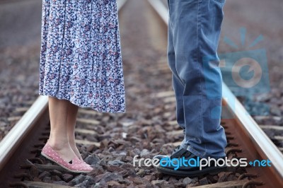 Couple Kissing On Railway Stock Photo