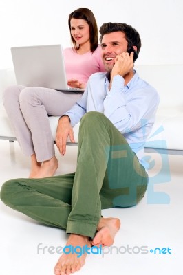 Couple Mobile Laptop Stock Photo