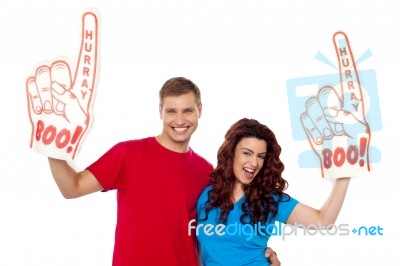 Couple Showing Boo Hurray Hand Stock Photo