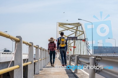 Couple Tourists Enjoy The Bridge Stock Photo