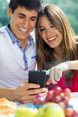 Couple Using Smart Phone On Romantic Picinic Stock Photo