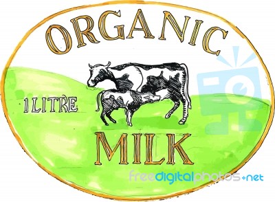 Cow Organic Milk Label Drawing Stock Image