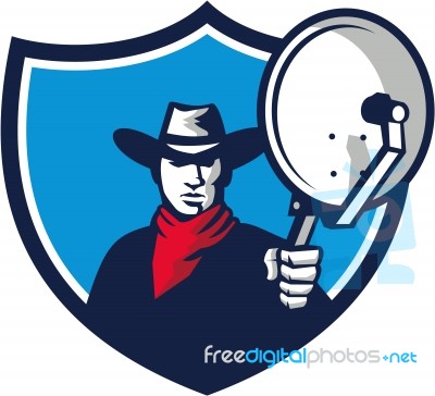 Cowboy Aiming Satellite Dish Crest Retro Stock Image