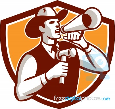 Cowboy Auctioneer Bullhorn Gavel Shield Stock Image