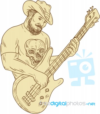 Cowboy Bass Guitar Isolated Drawing Stock Image