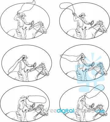 Cowboy Lasso Riding Horse Drawing Collection Set Stock Image