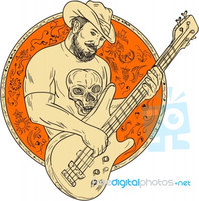 Cowboy Playing Bass Guitar Circle Drawing Stock Image