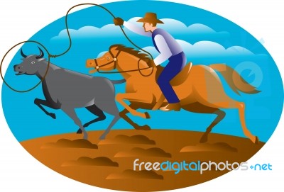 Cowboy Riding Horse Lasso Bull Cow Stock Image