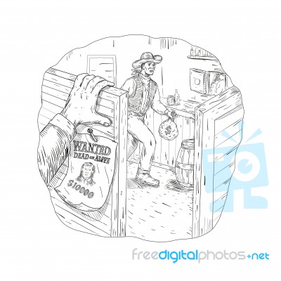 Cowboy Robbing Saloon Drawing Stock Image