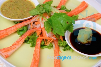 Crab Stick Meal, Decorate Crab Stick In Green Plate Japanese Foo… Stock Photo