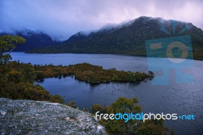 Cradle Mountain In Tasmania On A Cloudy Day Stock Photo