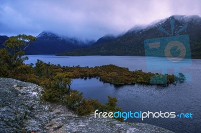 Cradle Mountain In Tasmania On A Cloudy Day Stock Photo