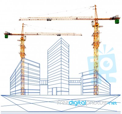 Crane Construction And Perspective Drawing Of Modern Building Stock Photo