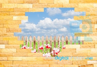 Crashed Brick Wall With Beautiful Landscape Behi Stock Photo