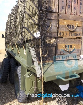 Crates Of Supplies In A Military Truck Stock Photo