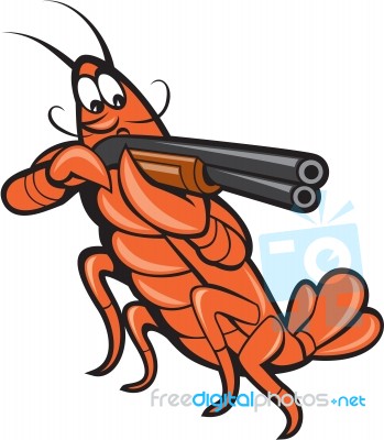 Crayfish Lobster Aiming Shotgun Cartoon Stock Image