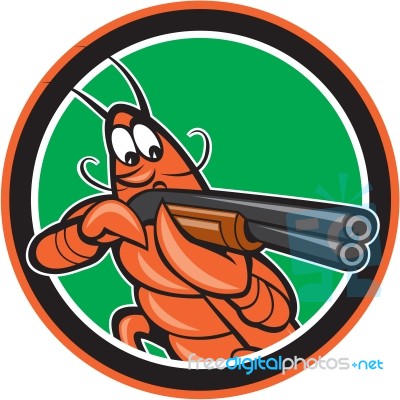 Crayfish Lobster Aiming Shotgun Circle Cartoon Stock Image