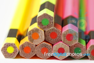 Crayons Lay On The Floor Lined Up Several Stock Photo