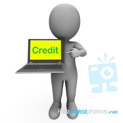 Credit Laptop Character Shows Financing Or Loans For Purchasing Stock Image