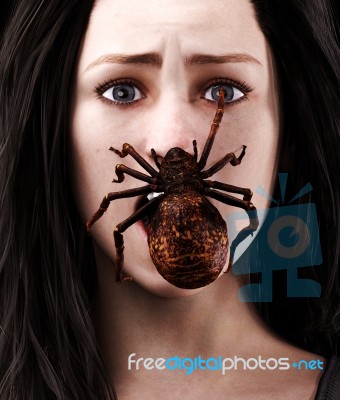 Creepy Spider On Woman Face,3d Illustration For Book Illustration Stock Image