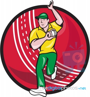 Cricket Fast Bowler Bowling Ball Front Cartoon Stock Image