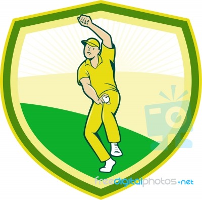 Cricket Player Bowling Crest Cartoon Stock Image