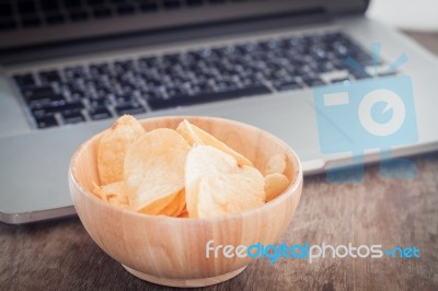 Crispy Potato Chips On Wotk Station Stock Photo