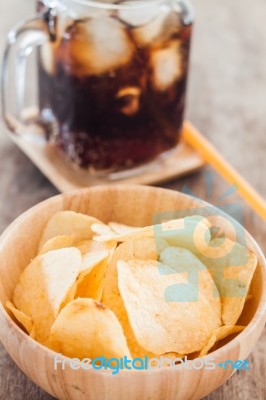 Crispy Potato Chips With Iced Cola Stock Photo