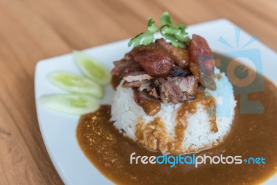 Crispy Roasted Belly Pork Chinese Style And Rice Stock Photo