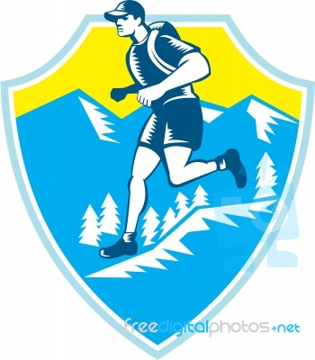 Cross Country Runner Mountains Shield Woodcut Stock Image