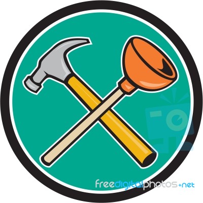 Crossed Hammer Plunger Circle Cartoon Stock Image