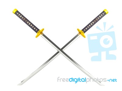 Crossed Japanese Katana Sword Isolated On White Background, 3d Rendering Stock Image