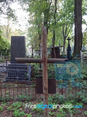 Crosses On Graves Cemetery And Fences  Stock Photo